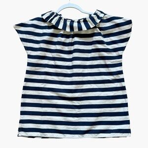 ANN MASHBURN Linen Cotton Top Size XS Navy Blue White Ruffle Tie Blouse Cap